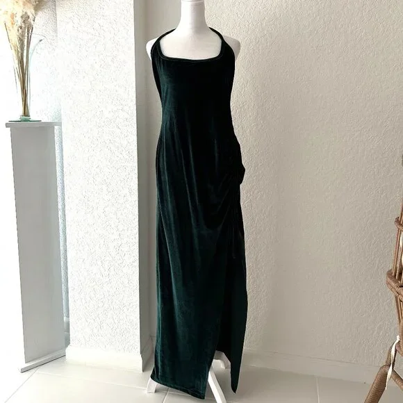 green emerald velvet dress Twist Neck Open Front Velvet Draped Gown